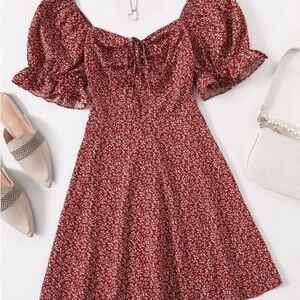 SHEIN Burgundy Floral Puff Sleeve Mini Dress